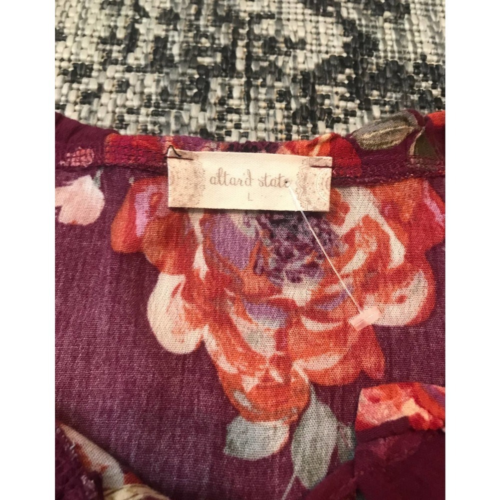 Altard State Burgundy Floral‎ Ruffle Lace Sleeve Tunic Dress Size L - Picture 4 of 8